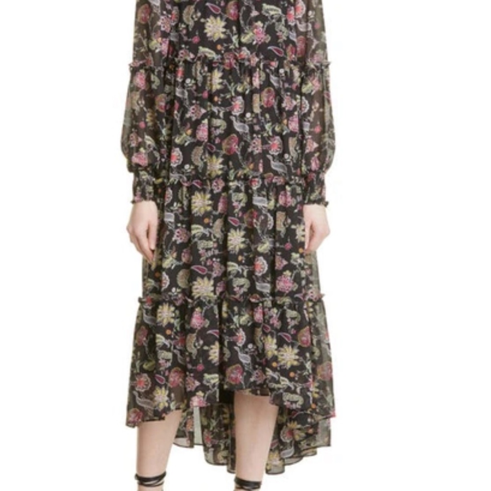 Cinq a Sept Paisley Long High-Low MAXI Dress Black Floral Mock Neck 14 - Picture 3 of 7